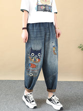 Women Summer Vintage Cartoon Patch Spliced Denim Pants