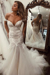 BMbridal Off-the-Shoulder Mermaid Wedding Dress Tulle With Lace Appliques