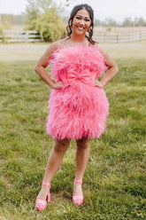 Sheath Strapless Pink Short Homecoming Dress with Feathers