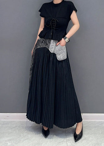 Black Pockets Patchwork Cotton Pants Skirt Wrinkled Summer Black Pockets Patchwork Cotton Pants Skirt Wrinkled Summer