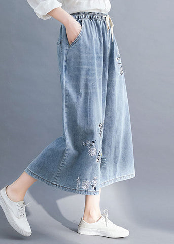 Bohemian Blue Embroideried Pockets Patchwork Denim Wide Leg Pants Summer Bohemian Blue Embroideried Pockets Patchwork Denim Wide Leg Pants Summer