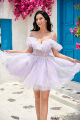 Gorgeous A Line Off the Shoulder Light Purple Corset Homecoming Dress with Embroidery