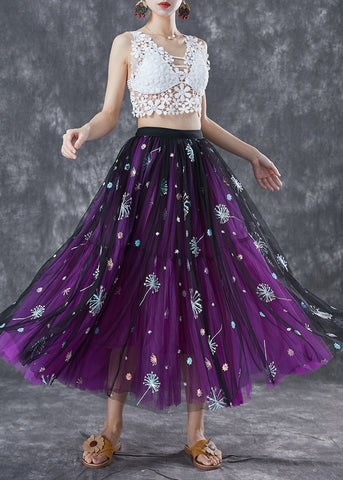 Bohemian Purple Dandelion Embroideried Wear On Both Sides Tulle Skirt Summer Bohemian Purple Dandelion Embroideried Wear On Both Sides Tulle Skirt Summer