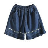 Women Summer Loose Floral Embroidery Denim Shorts