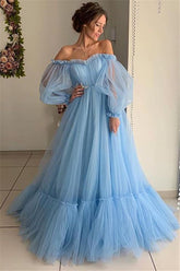 Bmbridal Sky Blue Long Sleeves Prom Dress Mermaid Tulle Evening Gowns