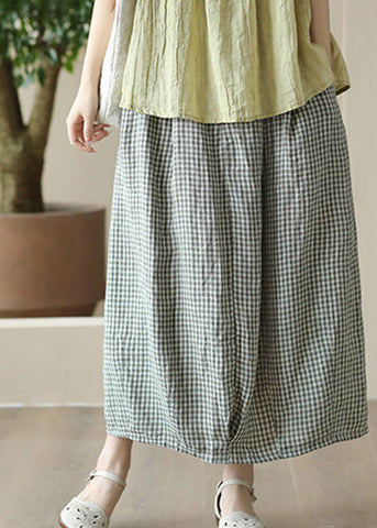 Boutique Grey Green Plaid Elastic Waist Linen Maxi Skirt Summer Boutique Grey Green Plaid Elastic Waist Linen Maxi Skirt Summer