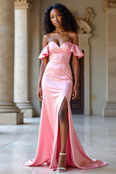Ruffled Pink Sheath Sweetheart Long Prom Dress with Slit