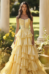 A Line Light Yellow Tiered Strapless Prom Dress Ruched Ruffled Satin Long Evening Dress