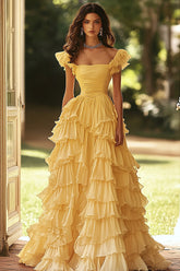 Square Neck A Line Light Yellow Tiered Prom Dress with Ruffles Ruched Long Evening Dress