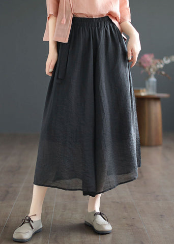 Black Patchwork Cotton Crop Wide Leg Pants Elastic Waist Summer Black Patchwork Cotton Crop Wide Leg Pants Elastic Waist Summer