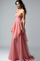 Dusty Rose Strapless Ruched Long Prom Dress with Ruffles