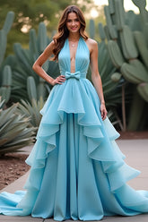 Halter Neck Blue Ball Gown Long Prom Dress with Ruffles