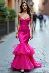 Fuchsia Strapless Satin Long Prom Dress with Ruffles