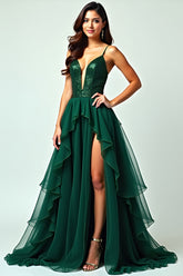 A Line Dark Green Ruffled Long Prom Dress with Slit