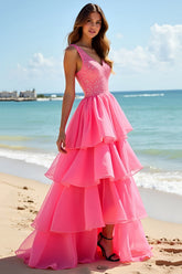 A Line Hot Pink Beaded Tiered Long Prom Dress