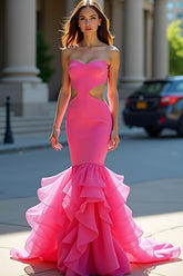 Strapless Fuchsia Sheath Long Prom Dress with Ruffles