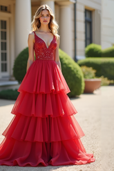 A Line Red Ruffled Tiered Long Prom Dress with Beading