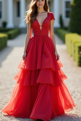 A Line Tiered Red Lace Deep V-Neck Long Prom Dress