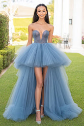 Asymmetrical Grey Blue Tulle High-Low Prom Dress