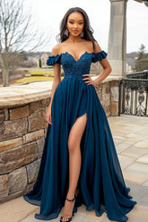 Appliqued Navy Off the Shoulder Ruffled Long Prom Dress with Slit