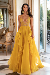 Deep V-Neck Yellow Ruched Long Prom Dress with Ruffles