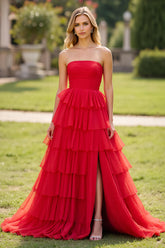 Red Square Neck A Line Tiered Long Prom Dress with Slit