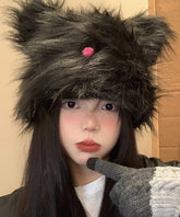 Chic Black Cute Warm Fuzzy Fur Fluffy Bonnie Hat