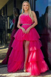 Fuchsia A-line High-Low Strapless Ruffled Tulle Prom Dress with Feathers