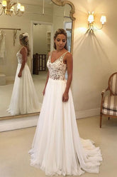 BMbridal Summer Beach Lace Wedding Dress V-Neck Chiffon Bridal Gown