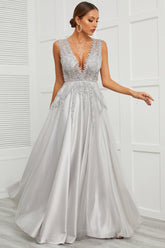 Deep V Neck Grey Long Prom Dress with Appliques