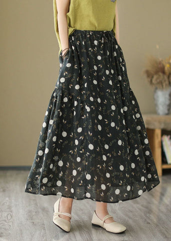 Black Pockets Print Patchwork Linen Skirt Wrinkled Summer Black Pockets Print Patchwork Linen Skirt Wrinkled Summer