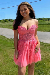 A Line Off the Shoulder Pink Short Homecoming Dress with Appliques