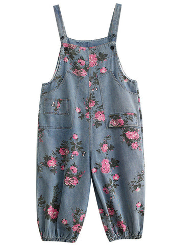 Bohemian Light Blue Oversized Print Pockets Denim Jumpsuits Summer Bohemian Light Blue Oversized Print Pockets Denim Jumpsuits Summer