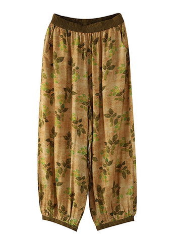 Bohemian Yellow Wrinkled Elastic Waist Crop Lantern Pants Bohemian Yellow Wrinkled Elastic Waist Crop Lantern Pants