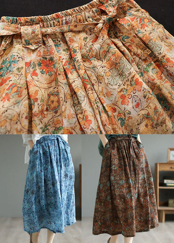 Blue Print Pockets Patchwork Linen Skirt Wrinkled Tie Waist Summer Blue Print Pockets Patchwork Linen Skirt Wrinkled Tie Waist Summer