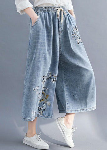 Bohemian Blue Embroideried Pockets Patchwork Denim Wide Leg Pants Summer Bohemian Blue Embroideried Pockets Patchwork Denim Wide Leg Pants Summer