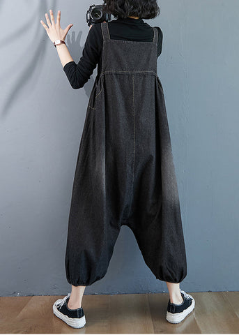 Black Wear On Both Sides Denim Jumpsuit Oversized Pockets Summer Black Wear On Both Sides Denim Jumpsuit Oversized Pockets Summer