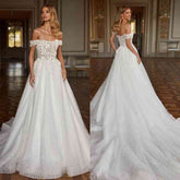 Bmbridal Off-the-Shoulder White Wedding Dress Lace-up Shiny With Appliques