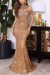 Bmbridal High Neck Short Sleeves Evening Dress Sequins Mermaid Long