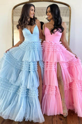 Pretty A Line Spaghetti Straps Long Tulle Prom Dress With Split