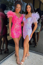 Stylish Sheath Fuchsia/Lilac Short Homecoming Dress with Feather