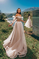 Bmbridal Off-the-Shoulder Champagne Wedding Dress Tulle Long On Sale