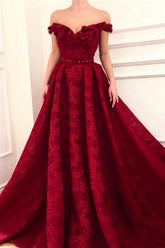 BMbridal Off-the-Shoulder Lace Burgundy Prom Dresses Princess