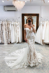 Bmbridal Off-the-Shoulder Lace Bridal Gown Mermaid Appliques