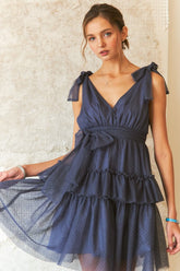 Tie Shoulder Polka Dot Mesh Resort Dinner Dress