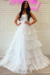 A-Line Strapless Tiered Tulle Prom Dress with Ruffles