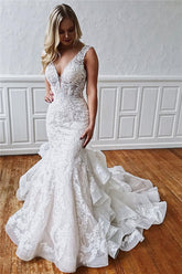 Bmbridal V-Neck Mermaid Lace Wedding Dress With Ruffles