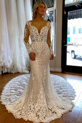 Bmbridal Long Sleeves Mermaid Wedding Dress Lace V-Neck