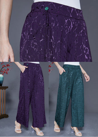Blackish Green Silk Straight Pants High Waist Tassel Summer Blackish Green Silk Straight Pants High Waist Tassel Summer