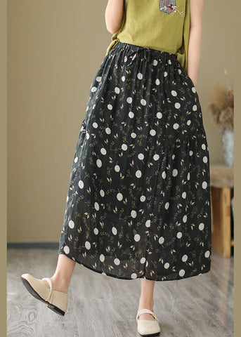 Black Pockets Print Patchwork Linen Skirt Wrinkled Summer Black Pockets Print Patchwork Linen Skirt Wrinkled Summer
